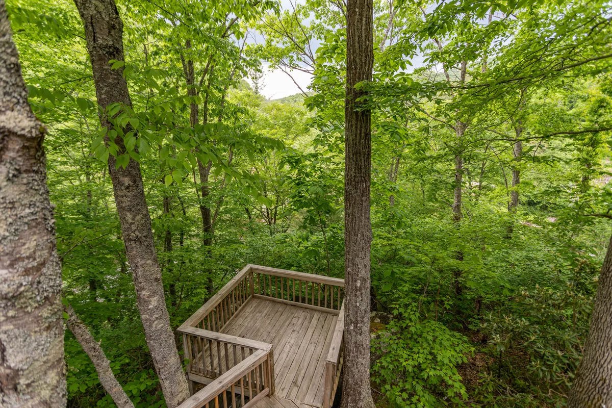 A quiet section of the wooden deck surrounded by lush trees and foliage, offering a private space for meditation or stargazing. The area feels intimate and connected to nature, with an emphasis on peace and reflection.